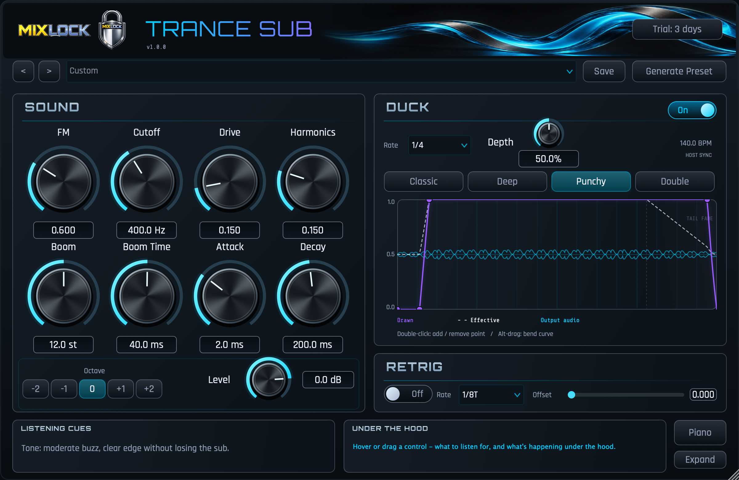 Trance Sub interface with Sound controls, editable Duck curve, Retrig and Listening Cues