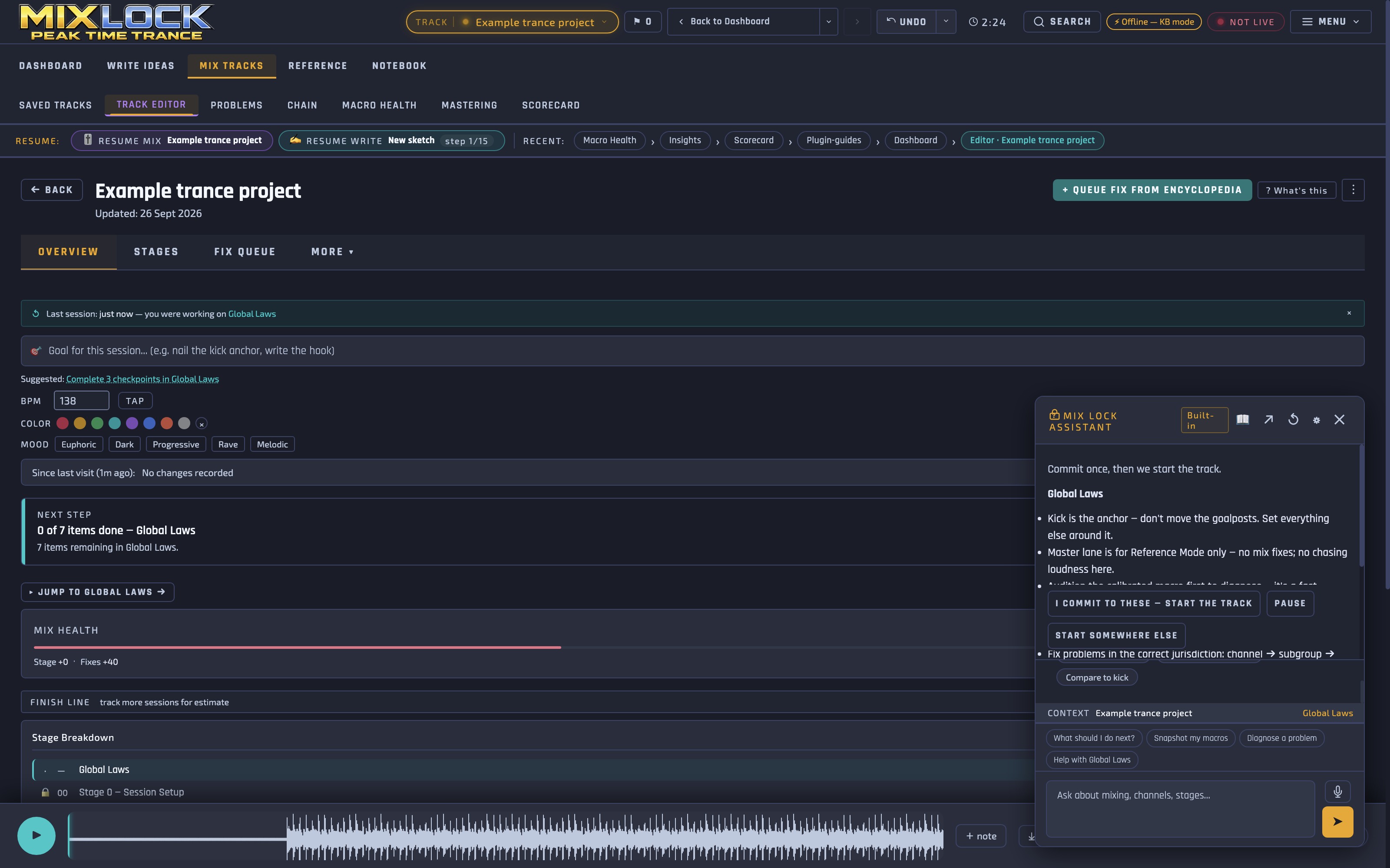 The Mix Lock assistant open beside a track in progress