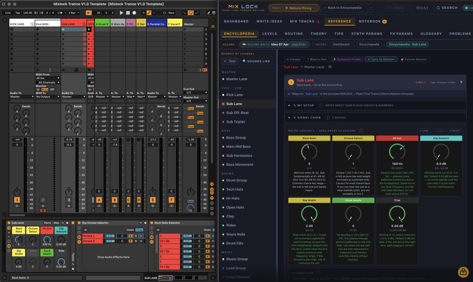 Mix Lock — Encyclopedia view with Ableton Bridge connected