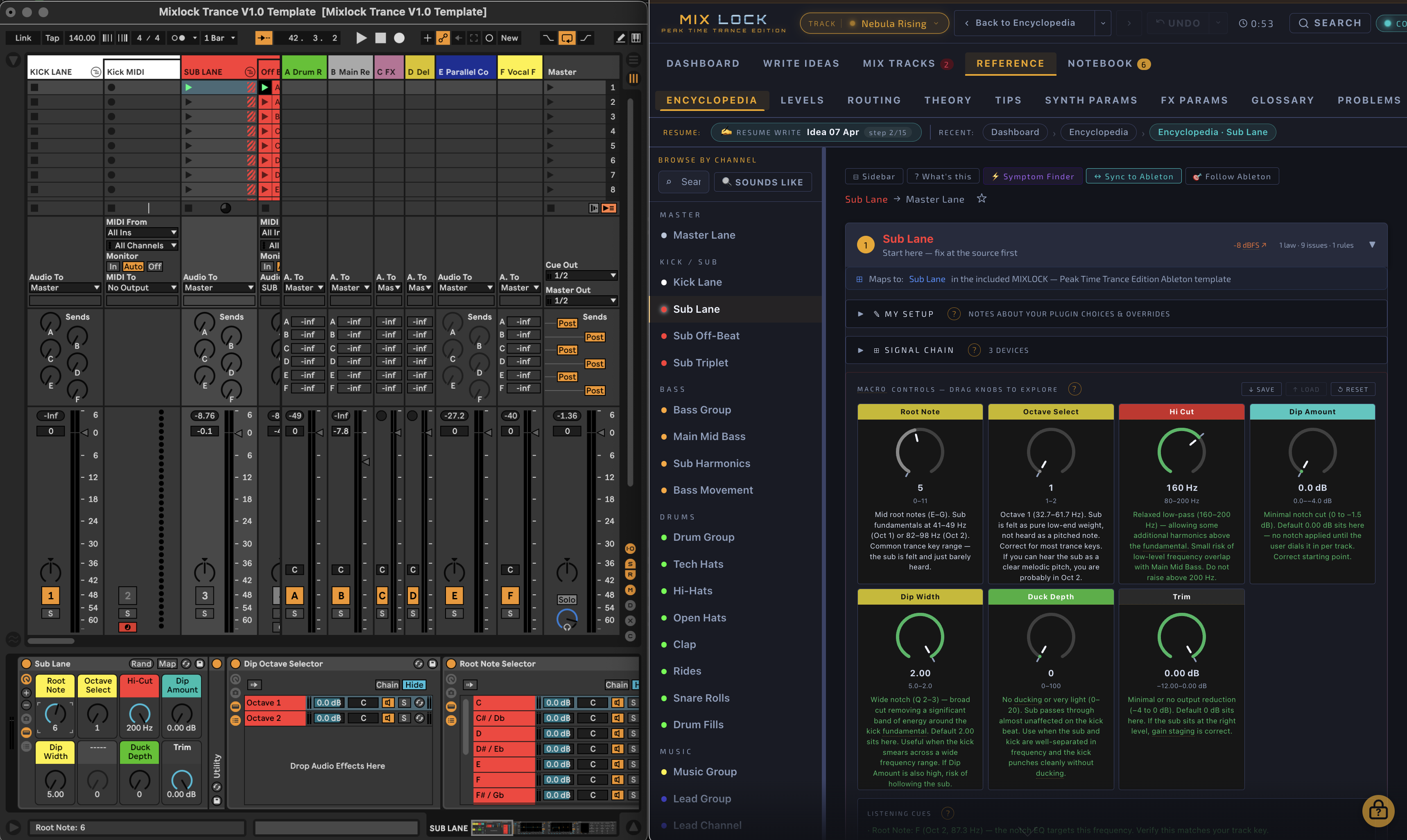 Mix Lock — Encyclopedia view with Ableton Bridge connected