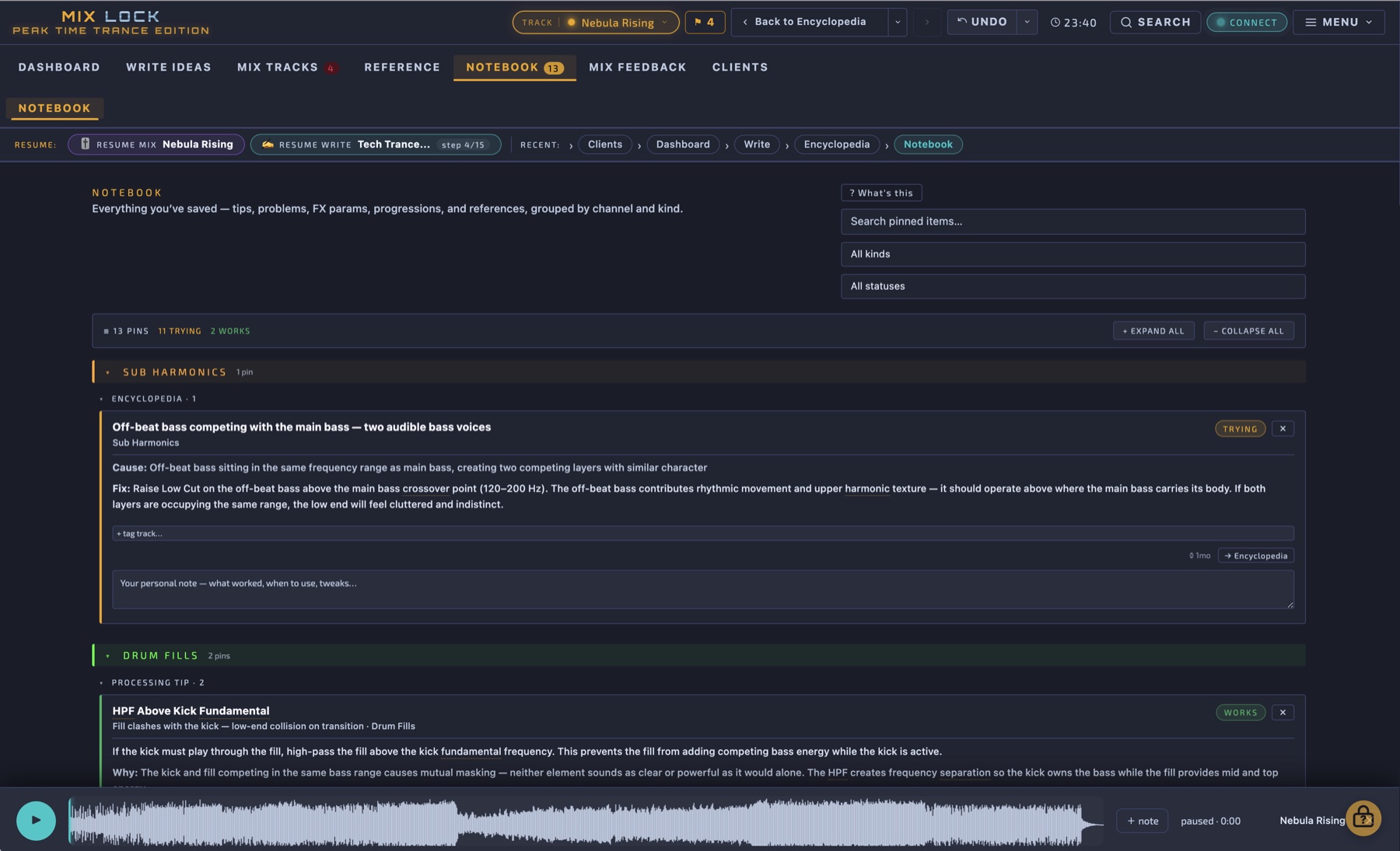 Notebook — pinned entries