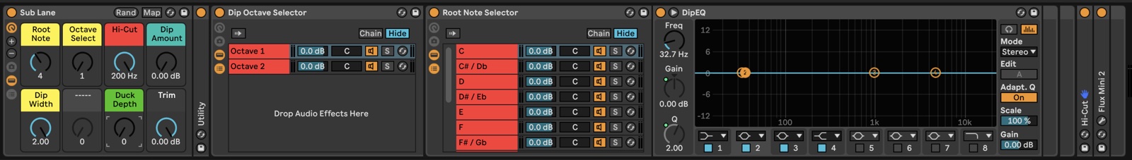 The Sub Lane rack in the Mix Lock Ableton template: Root Note, Octave Select, Hi-Cut, Dip Amount, Dip Width, Duck Depth and Trim.
